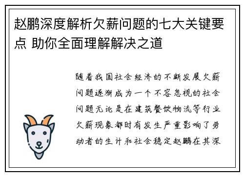 赵鹏深度解析欠薪问题的七大关键要点 助你全面理解解决之道